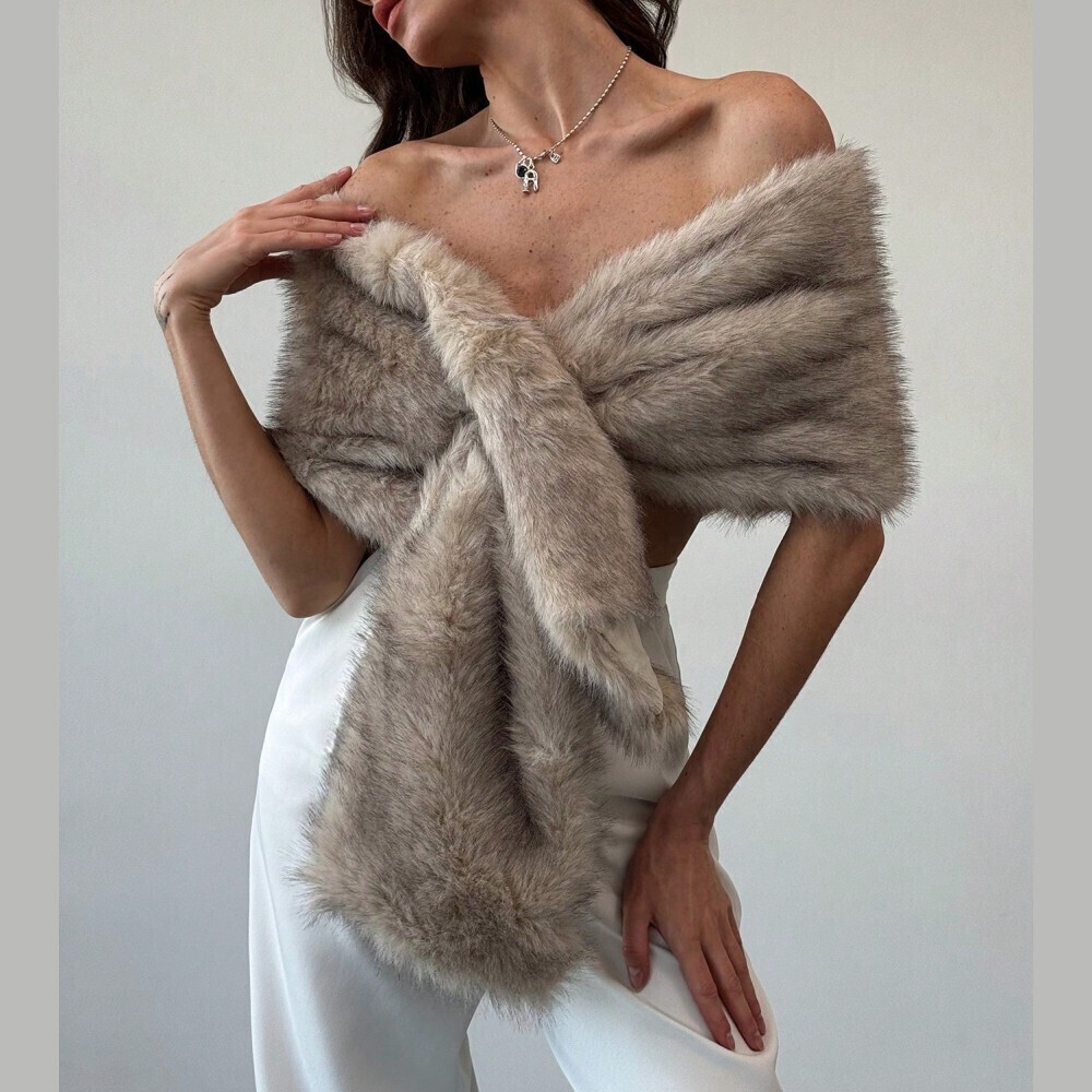 Taupe Faux Fur Crisscross Wrap Cropped Shawl Stole - Front Only